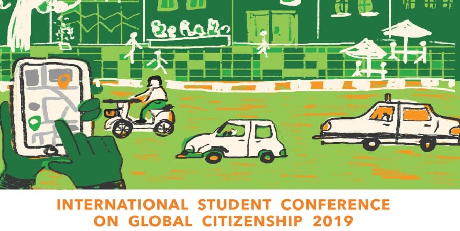 International Student Conference on Global Citizenship 2019 poster with illustration of map on handheld device in front of a busy street